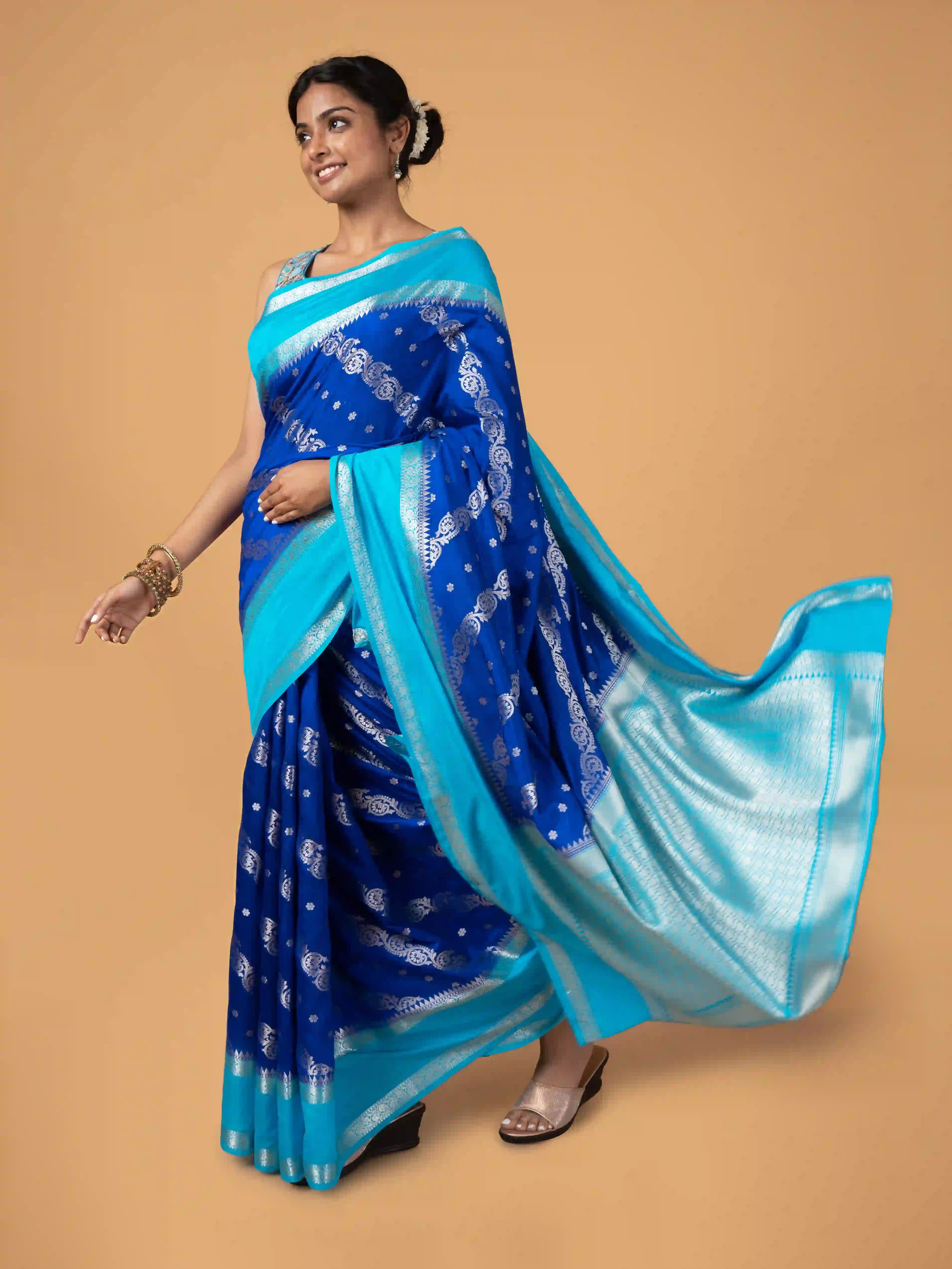 Banarasi Semi Katan Silk Saree In Royal Blue With Sky Blue