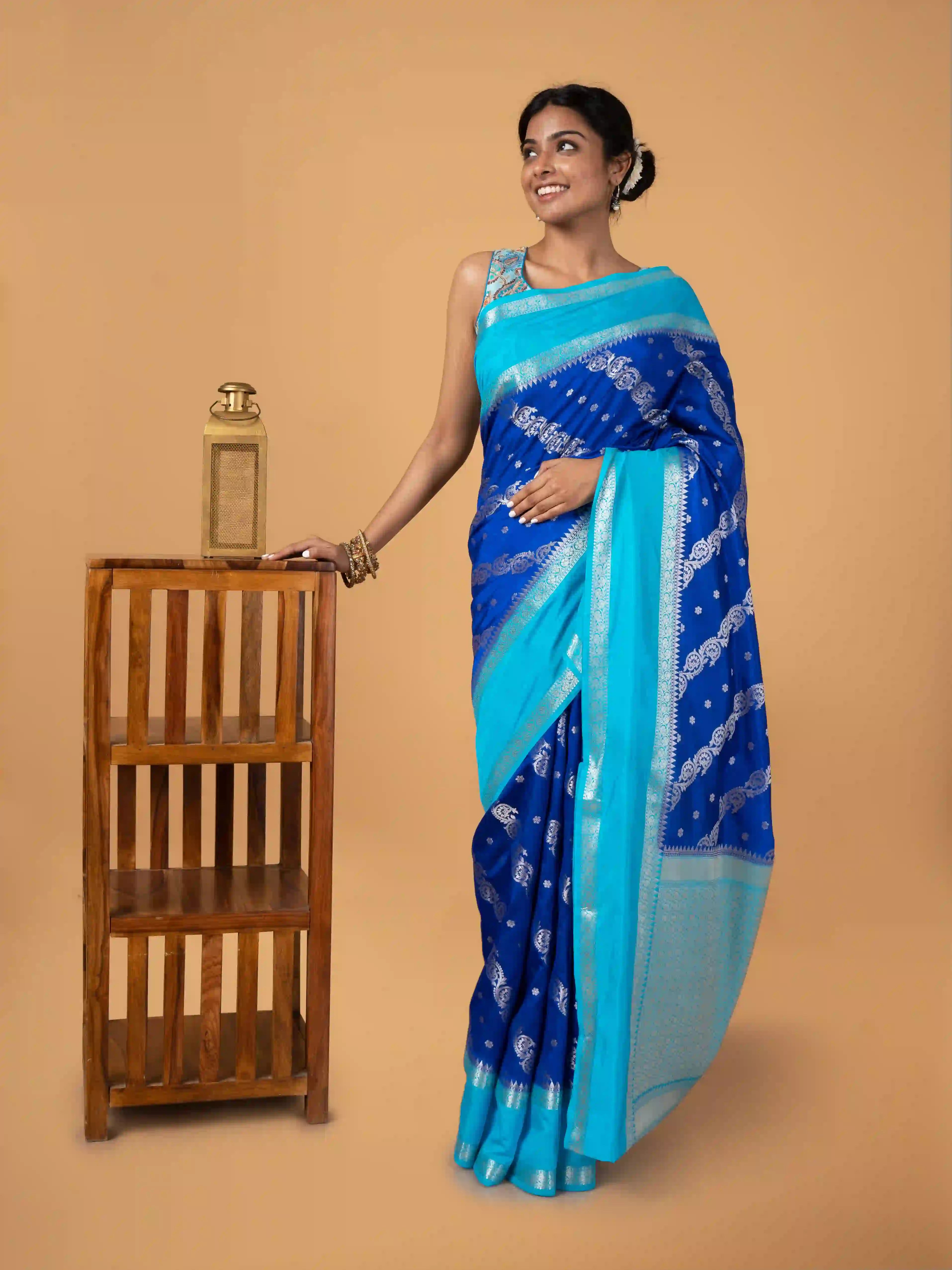 Banarasi Semi Katan Silk Saree In Royal Blue With Sky Blue