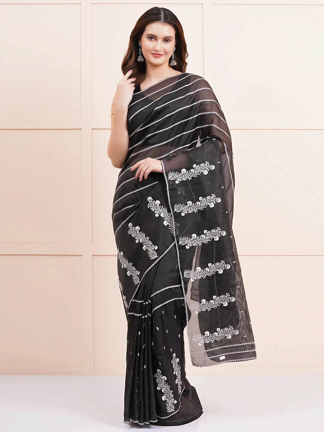 "Elegant black organza saree featuring intricate Kashmiri embroidery, perfect for fancy wear and stylish party occasions."