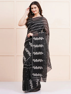 "Elegant black organza saree featuring intricate Kashmiri embroidery, perfect for fancy wear and stylish party occasions."