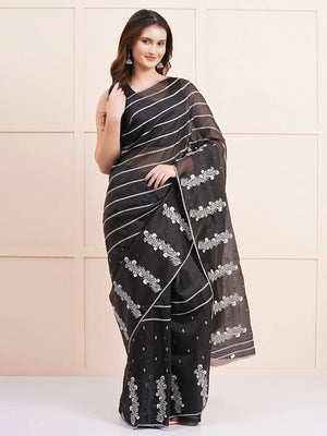 "Elegant black organza saree featuring intricate Kashmiri embroidery, perfect for fancy wear and stylish party occasions."