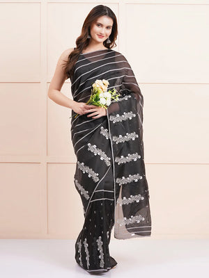 "Elegant black organza saree featuring intricate Kashmiri embroidery, perfect for fancy wear and stylish party occasions."
