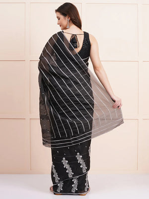 "Elegant black organza saree featuring intricate Kashmiri embroidery, perfect for fancy wear and stylish party occasions."