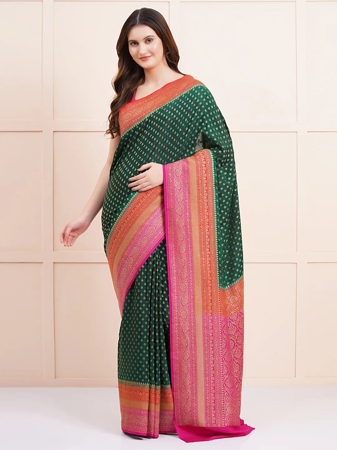 "Elegant pure Banarasi crepe silk saree with intricate designs, perfect for wedding wear and festive occasions, offering a luxurious feel and beautiful drape."