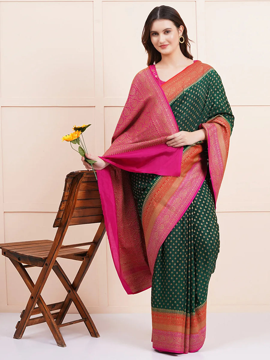 "Elegant pure Banarasi crepe silk saree with intricate designs, perfect for wedding wear and festive occasions, offering a luxurious feel and beautiful drape."