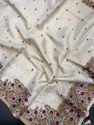 Linen Saree with Multicolour Floral Thread Embroidery & Zari Border