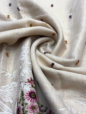Linen Saree with Multicolour Floral Thread Embroidery & Zari Border