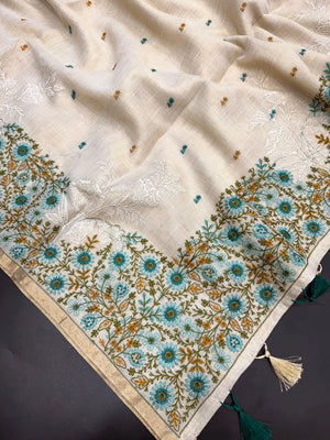 Linen Saree with Multicolour Floral Thread Embroidery & Zari Border