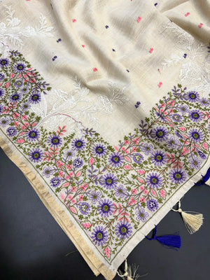 Linen Saree with Multicolour Floral Thread Embroidery & Zari Border