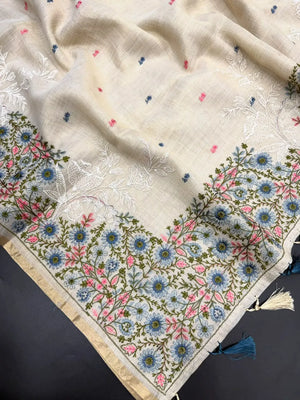 Linen Saree with Multicolour Floral Thread Embroidery & Zari Border