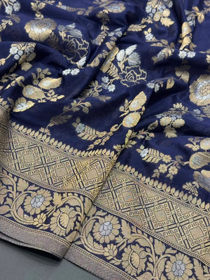 Royal Navy Blue Floral Zari Georgette Silk Saree