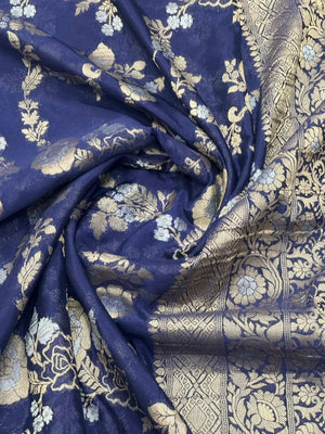 Royal Navy Blue Floral Zari Georgette Silk Saree