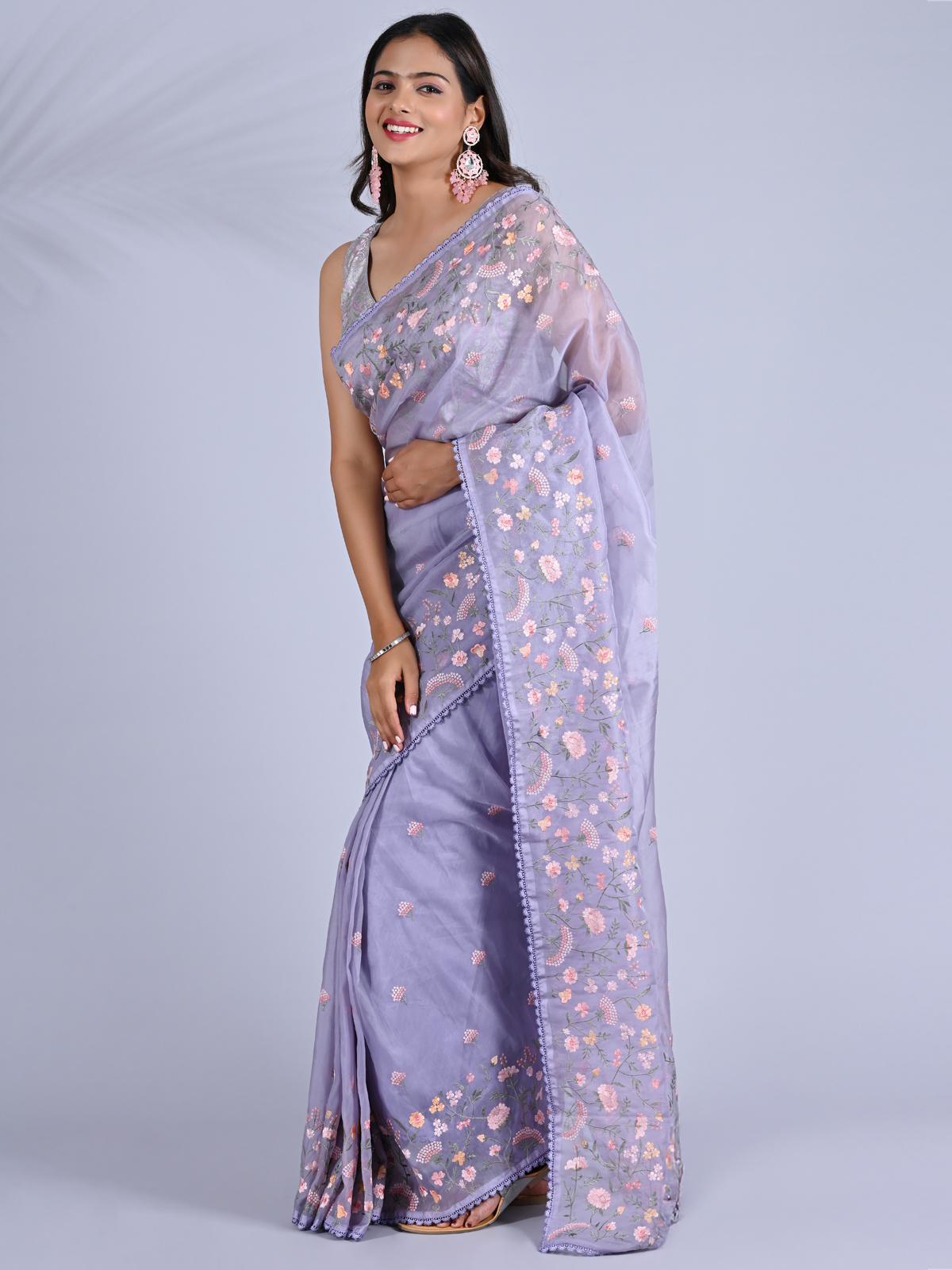 Elegant Lavender Organza Saree for a Stylish Party Look – Perfect Fancy Wear for Every Occasion