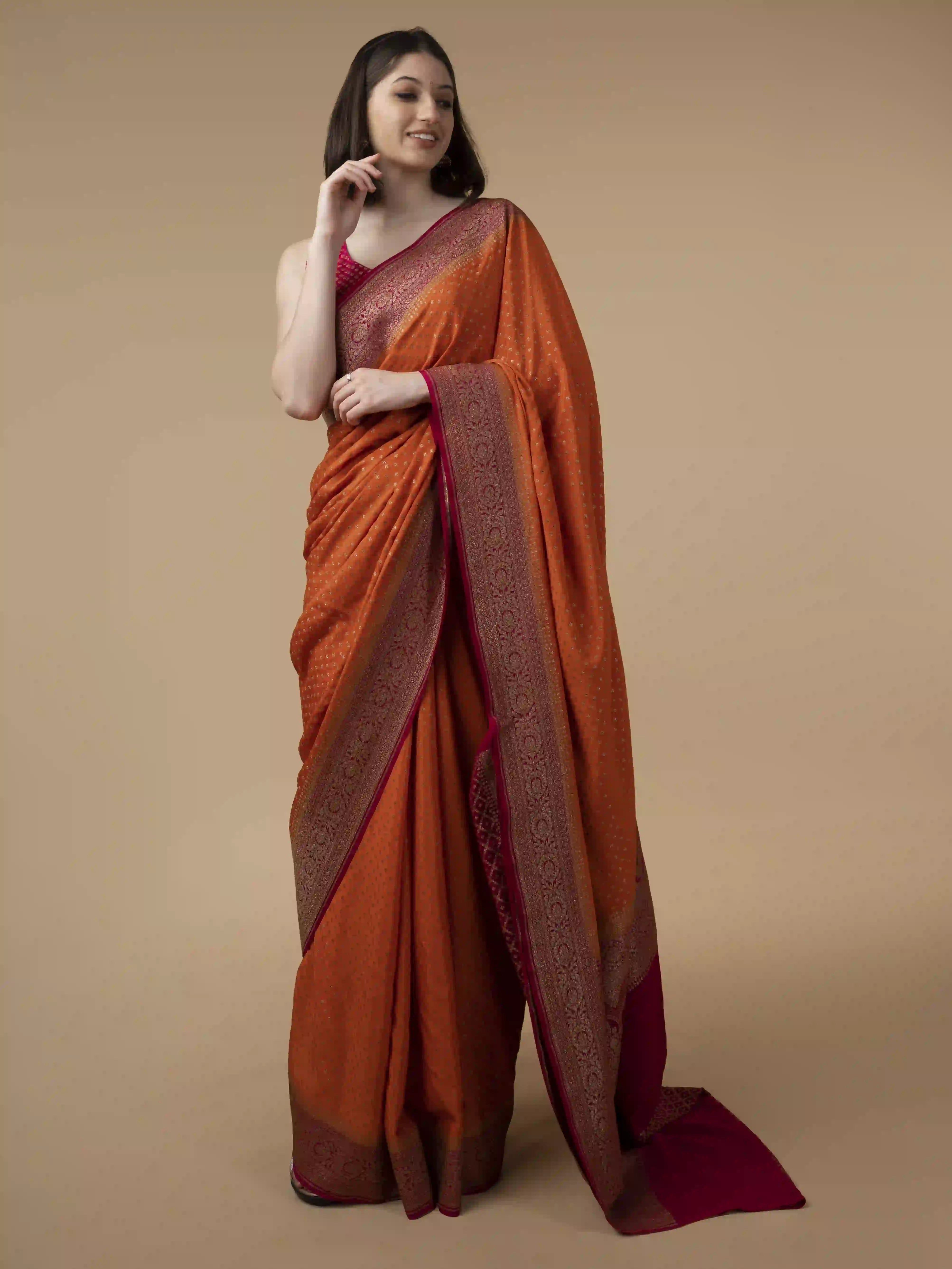 Pure Banarasi Crepe Saree In Dark Orange With Kanchi Pink With Zari Woven