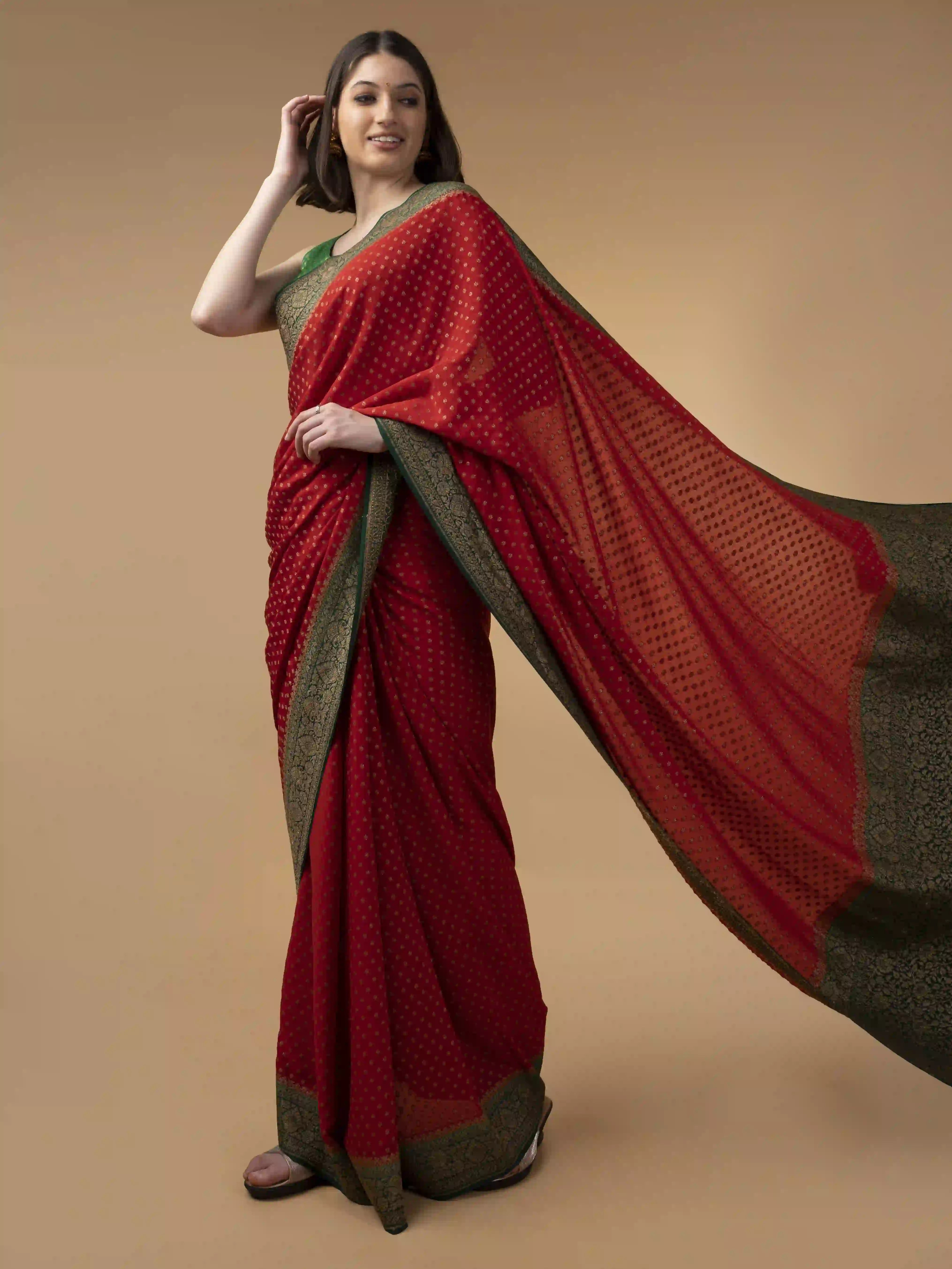 Pure Banarasi Crepe Saree In Red With BottlE Green With Zari Woven