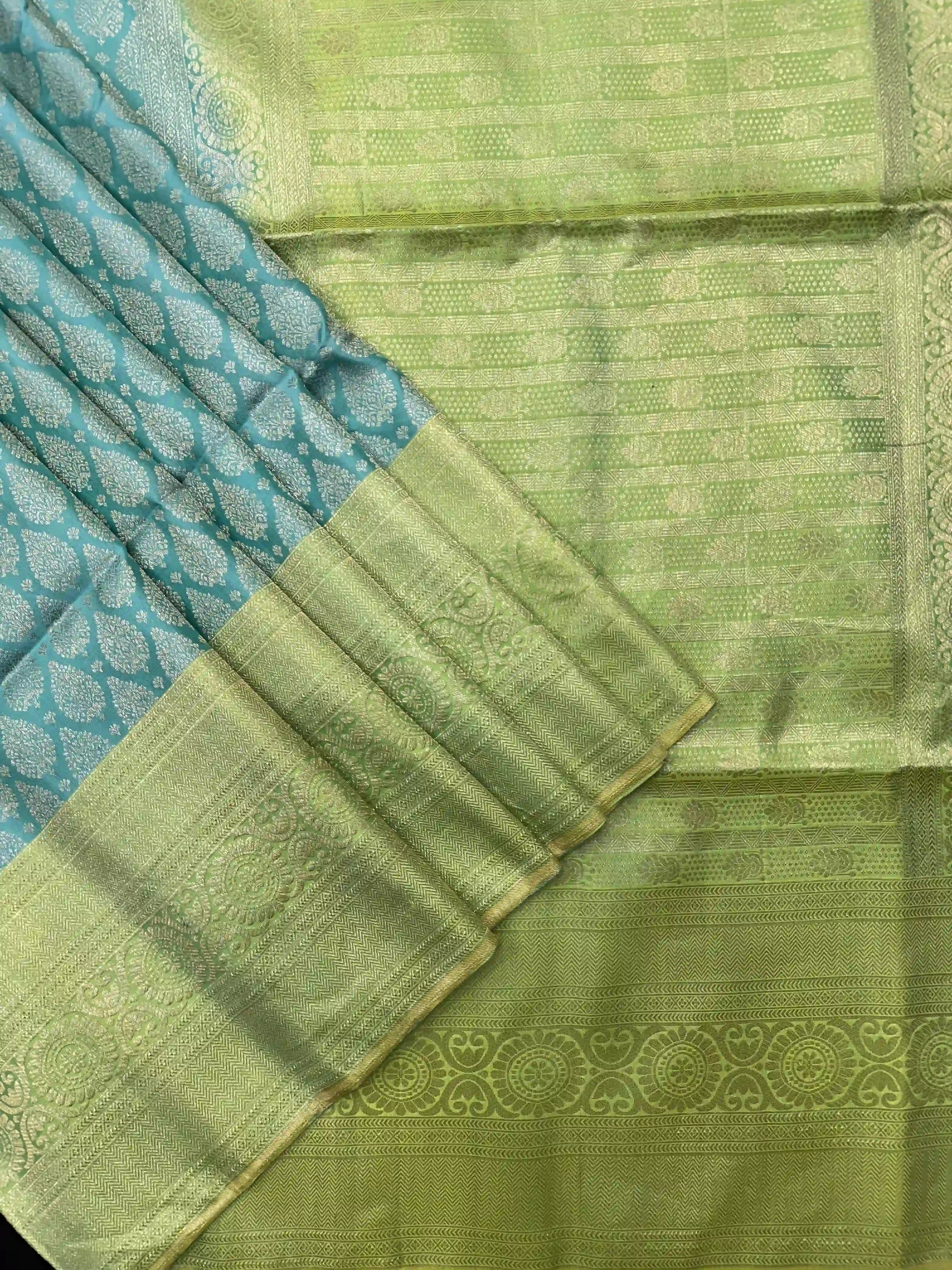 Sky Blue & Parrot Green Pure Silk Kanjivaram Saree