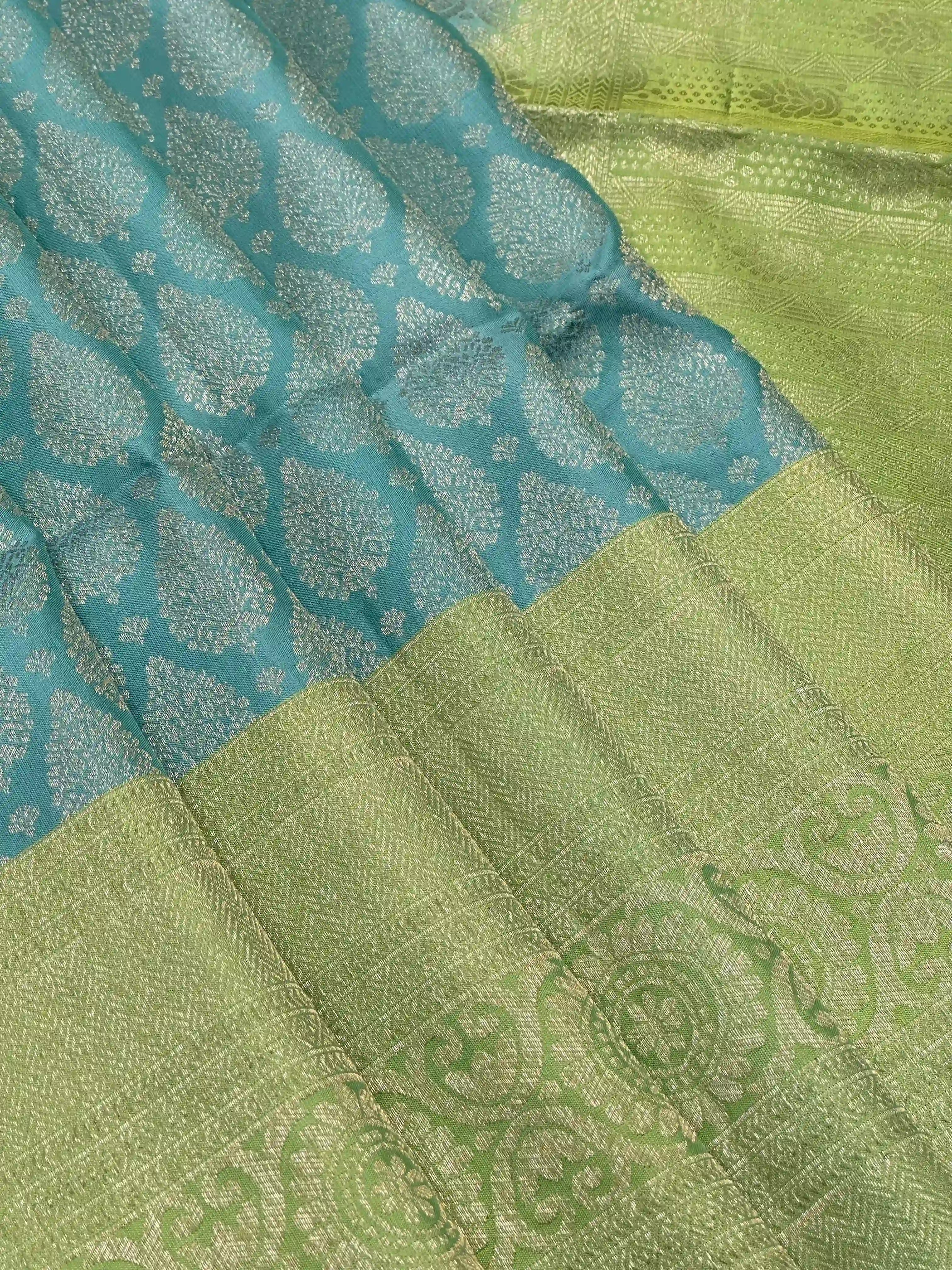 Sky Blue & Parrot Green Pure Silk Kanjivaram Saree