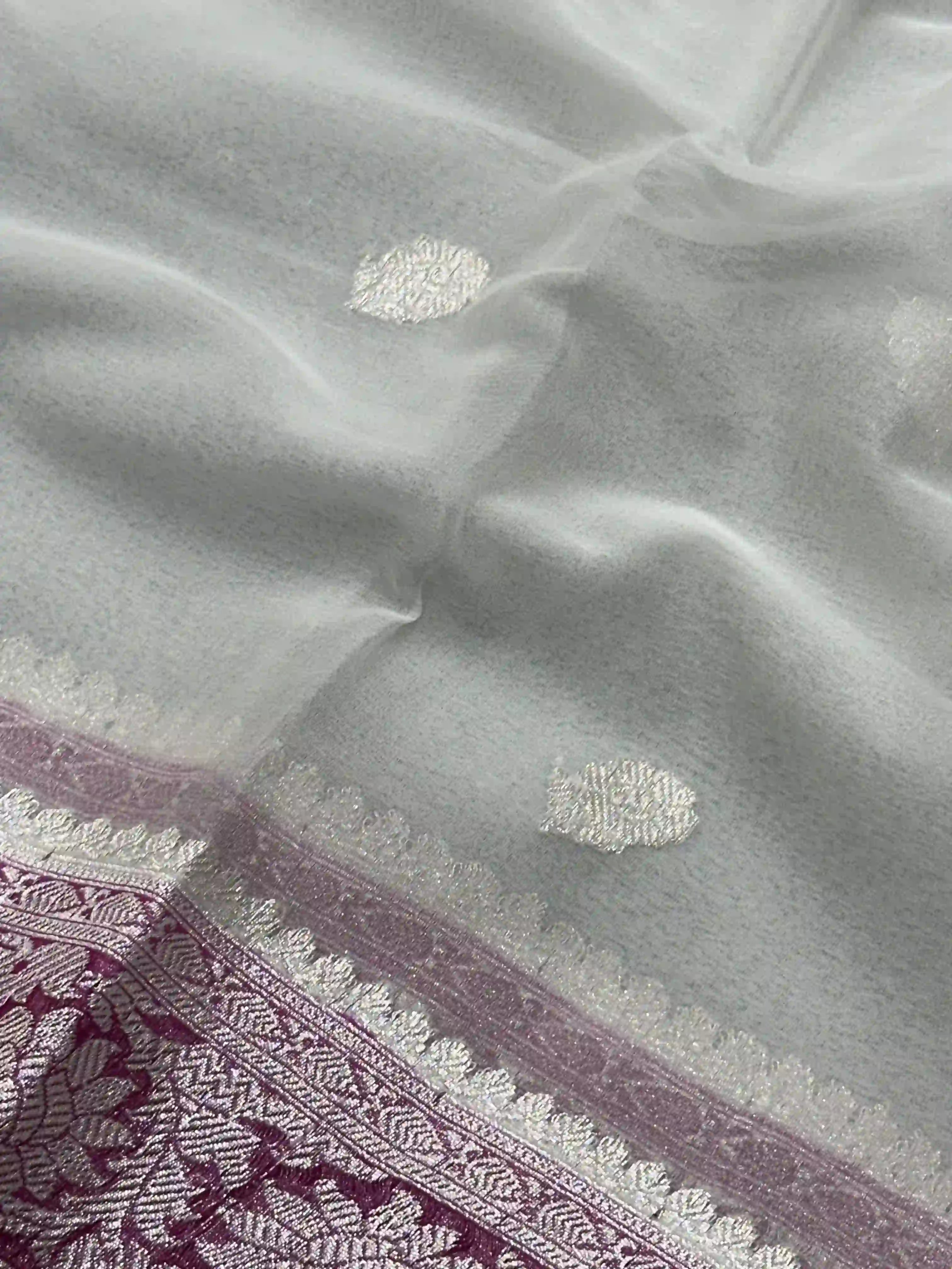 Banarasi Pure Khaddi Chiffon Silver Zari White Colour Saree With Contrast Pink Blouse & Pallu