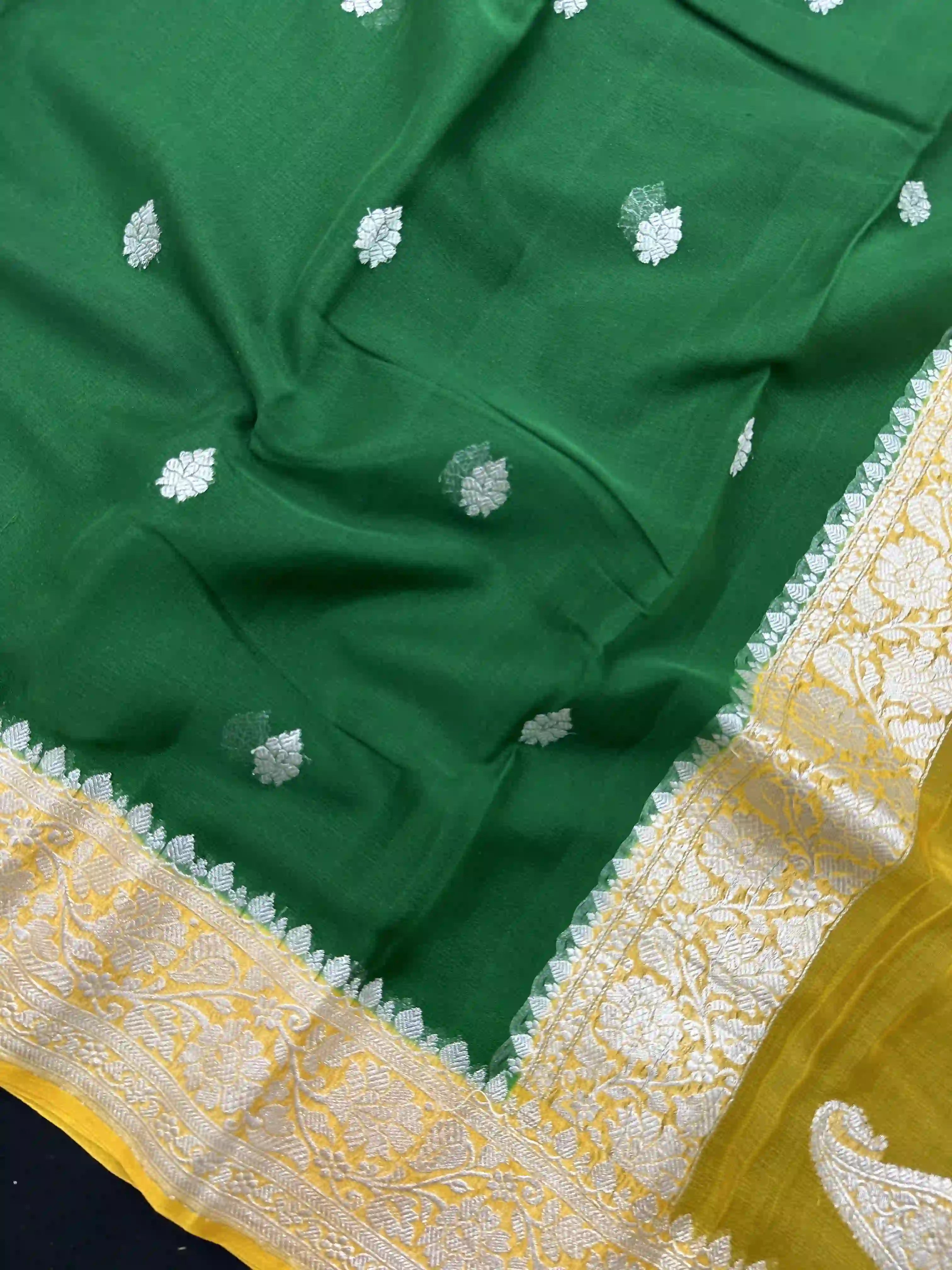 Banarasi Pure Khaddi Chiffon Silver Zari Bottle Green Colour Saree With Contrast Yellow Blouse & Pallu