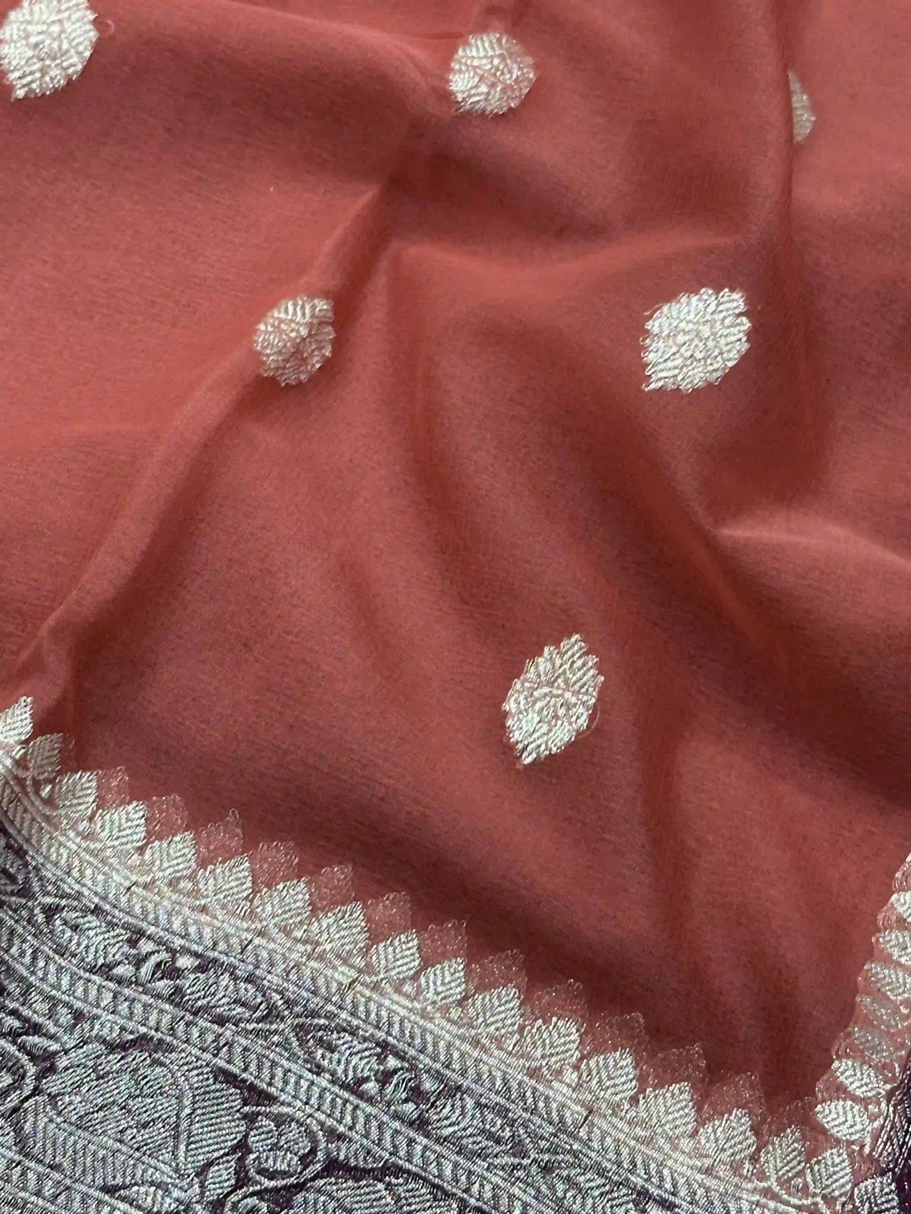 Banarasi Pure Khaddi Chiffon Silver Zari Rust Colour Saree With Contrast Pink Blouse & Pallu