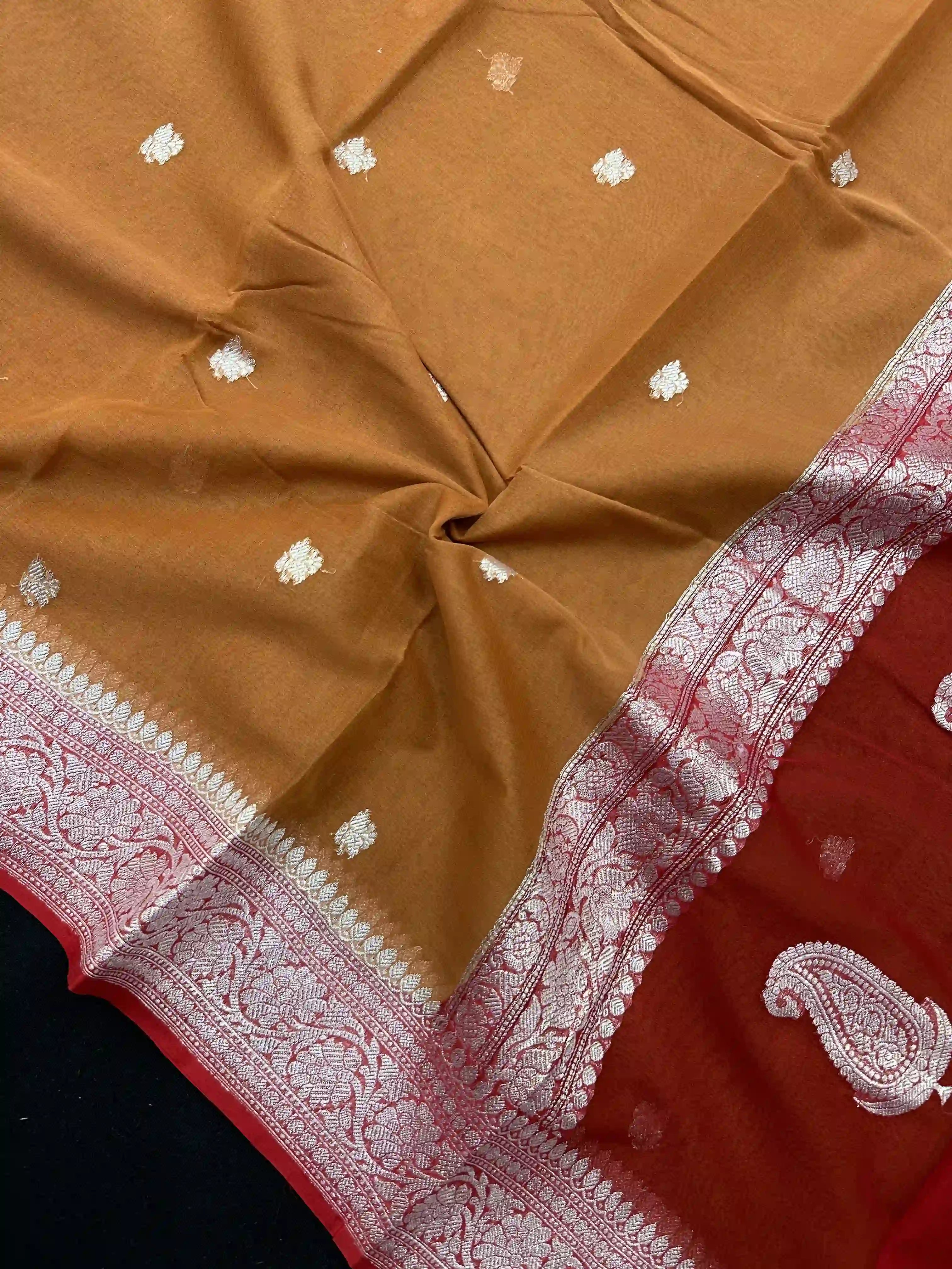 Banarasi Pure Khaddi Chiffon Silver Zari Mustard Yellow Colour Saree With Contrast Red Blouse & Pallu