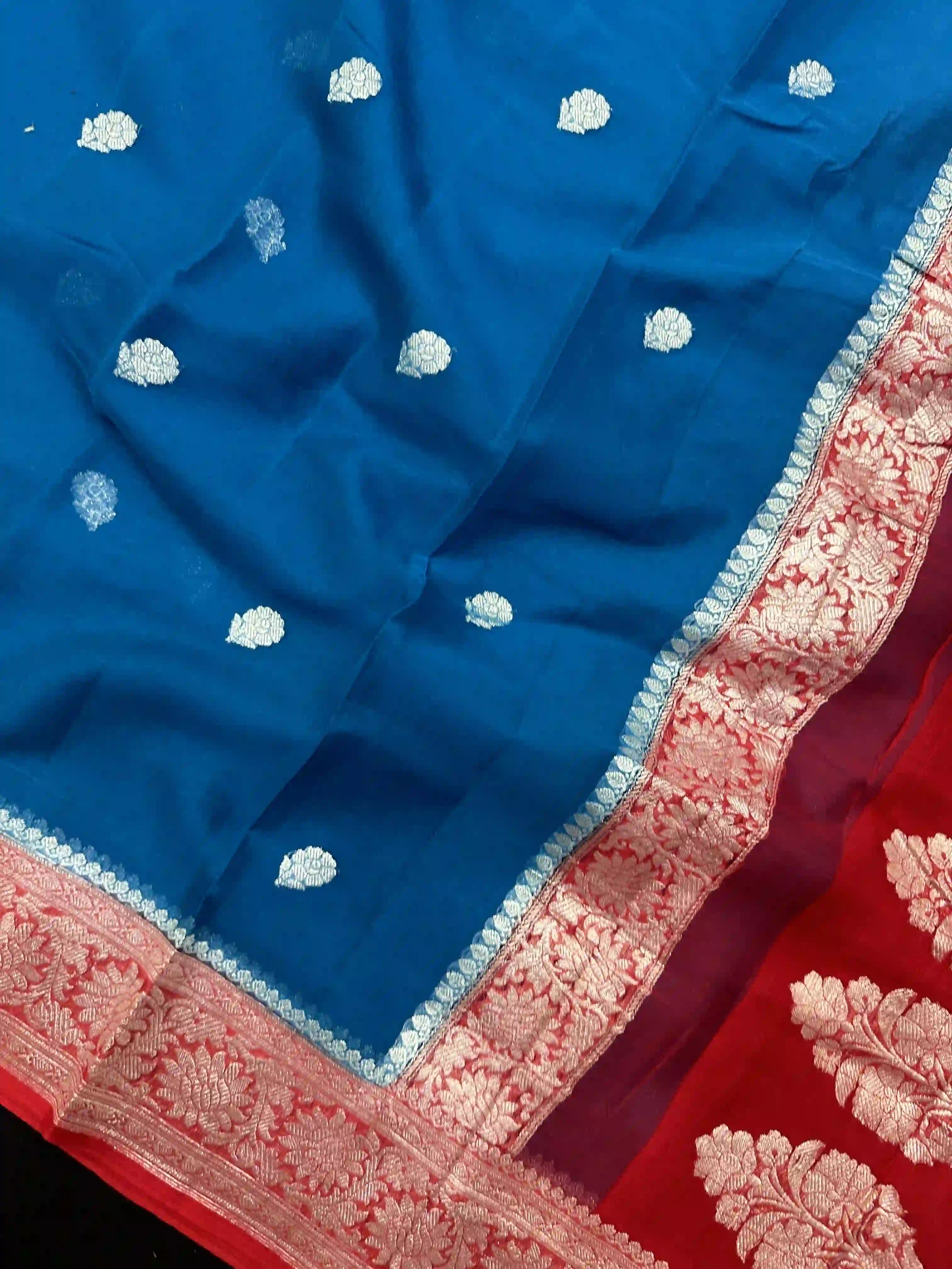 Banarasi Pure Khaddi Chiffon Silver Zari Royal Blue Colour Saree With Contrast Red Blouse & Pallu