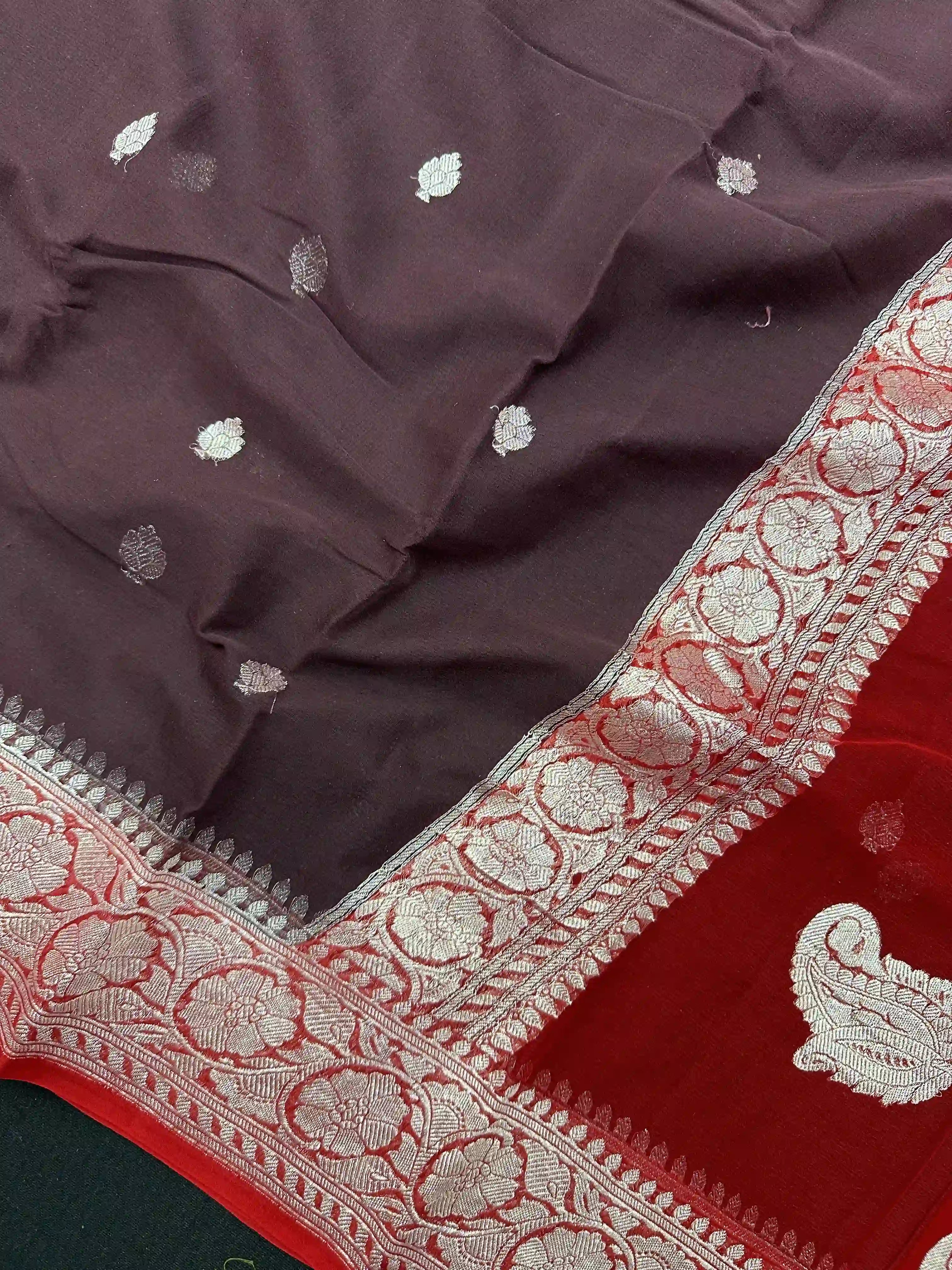 Banarasi Pure Khaddi Chiffon Silver Zari Brown Colour Saree With Contrast Red Blouse & Pallu