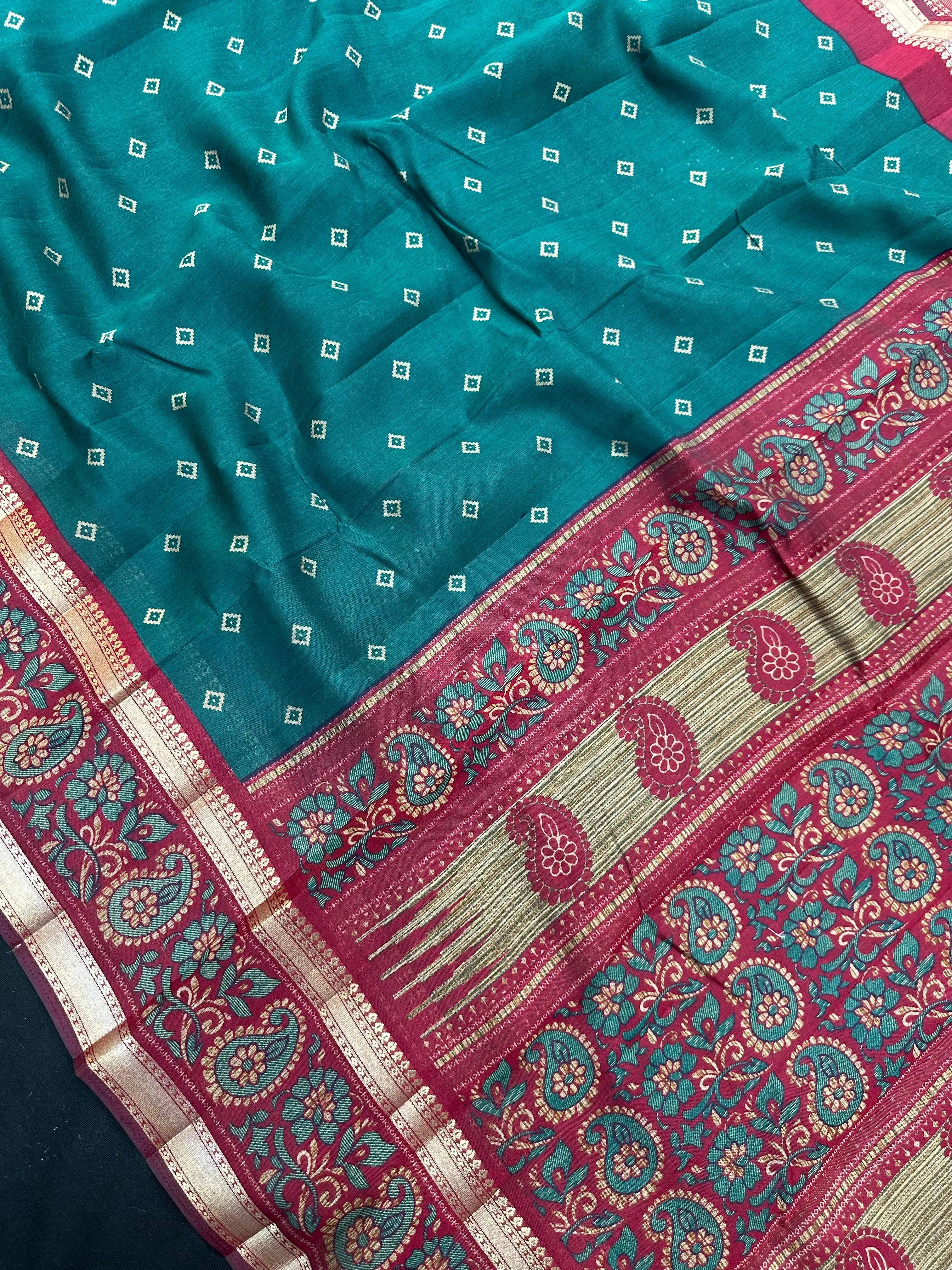 Woman wearing a Cotton Silk Saree with lightweight, soft fabric and subtle sheen, ideal for office, casual, and festive occasions.