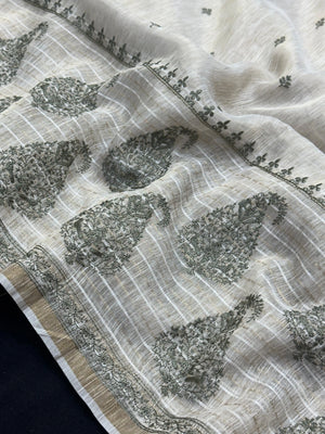 Woman wearing a Linen Silk Saree with soft, breathable texture and subtle shine, ideal for office wear and casual festive occasions.