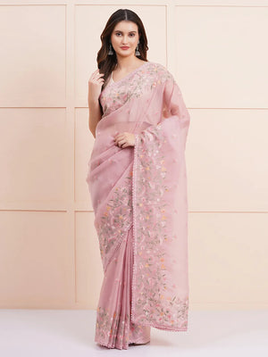 "Elegant light pink organza saree with delicate fabric and intricate details, perfect for a stylish party look and fancy wear. Ideal for formal or semi-formal occasions."