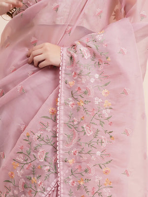 "Elegant light pink organza saree with delicate fabric and intricate details, perfect for a stylish party look and fancy wear. Ideal for formal or semi-formal occasions."