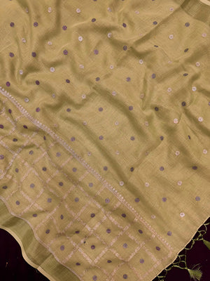 Woman draped in a Linen Silk Saree with natural texture and soft shine – perfect for elegant everyday and office wear.