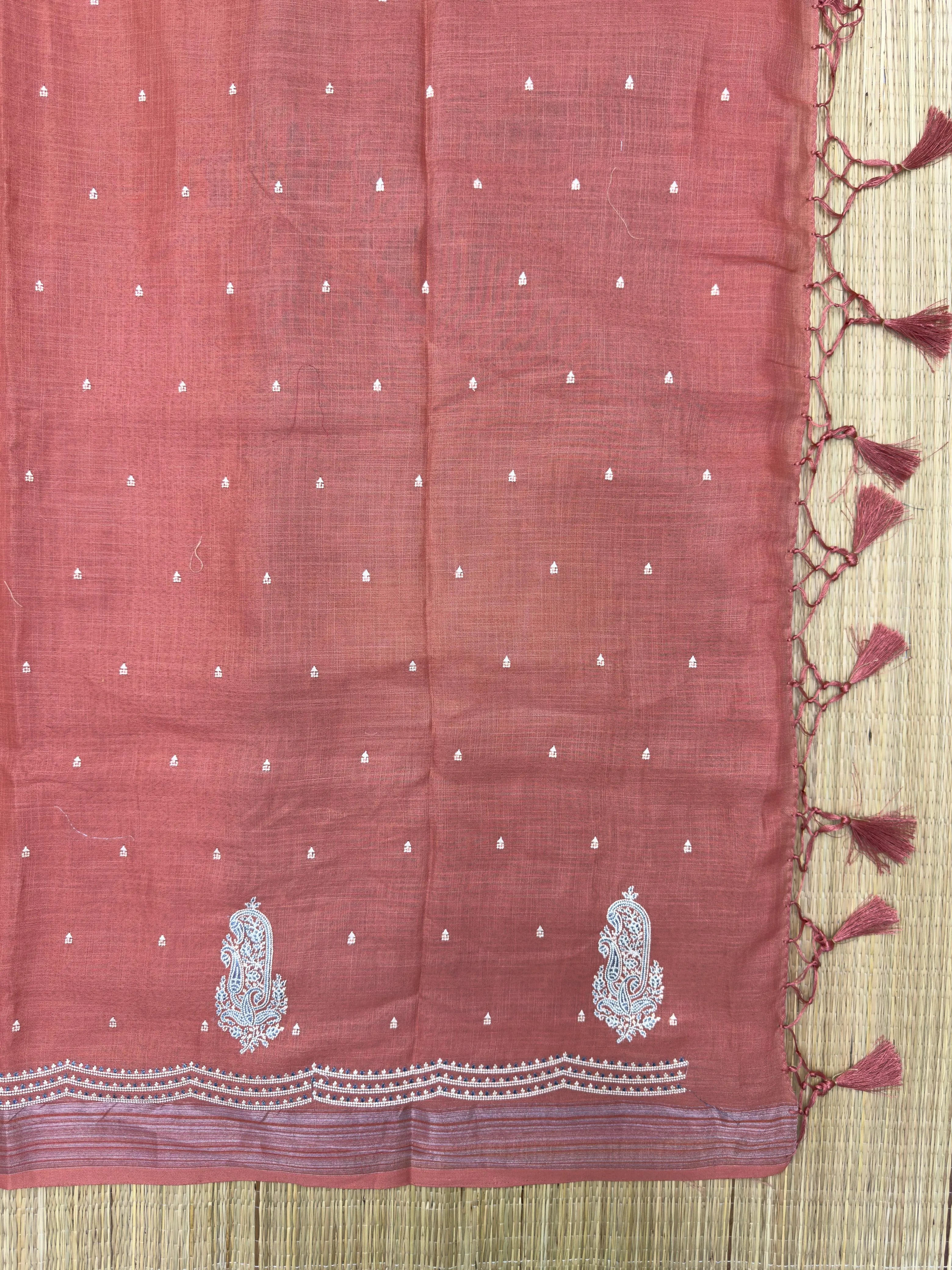 "Timeless Linen Silk Saree with a luxurious drape, combining comfort and elegance. Perfect for festive and ethnic wear, featuring a beautiful blend of linen and silk."