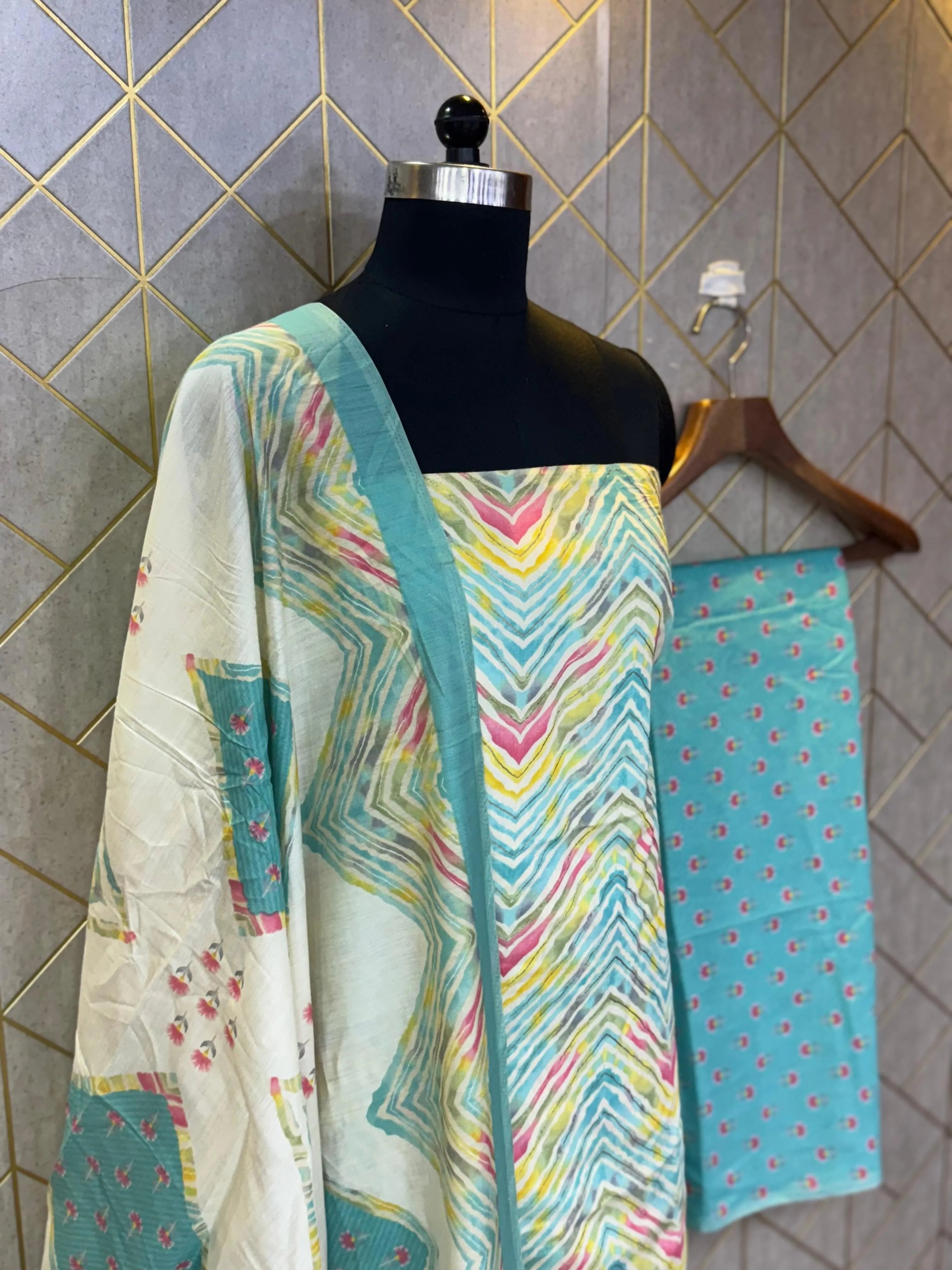 Unstitched Makhmali Cotton Salwar Suit 3-piece set with top, bottom, and dupatta in elegant design