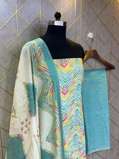 Unstitched Makhmali Cotton Salwar Suit 3-piece set with top, bottom, and dupatta in elegant design