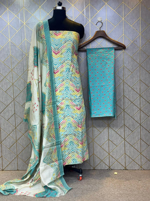 Unstitched Makhmali Cotton Salwar Suit 3-piece set with top, bottom, and dupatta in elegant design