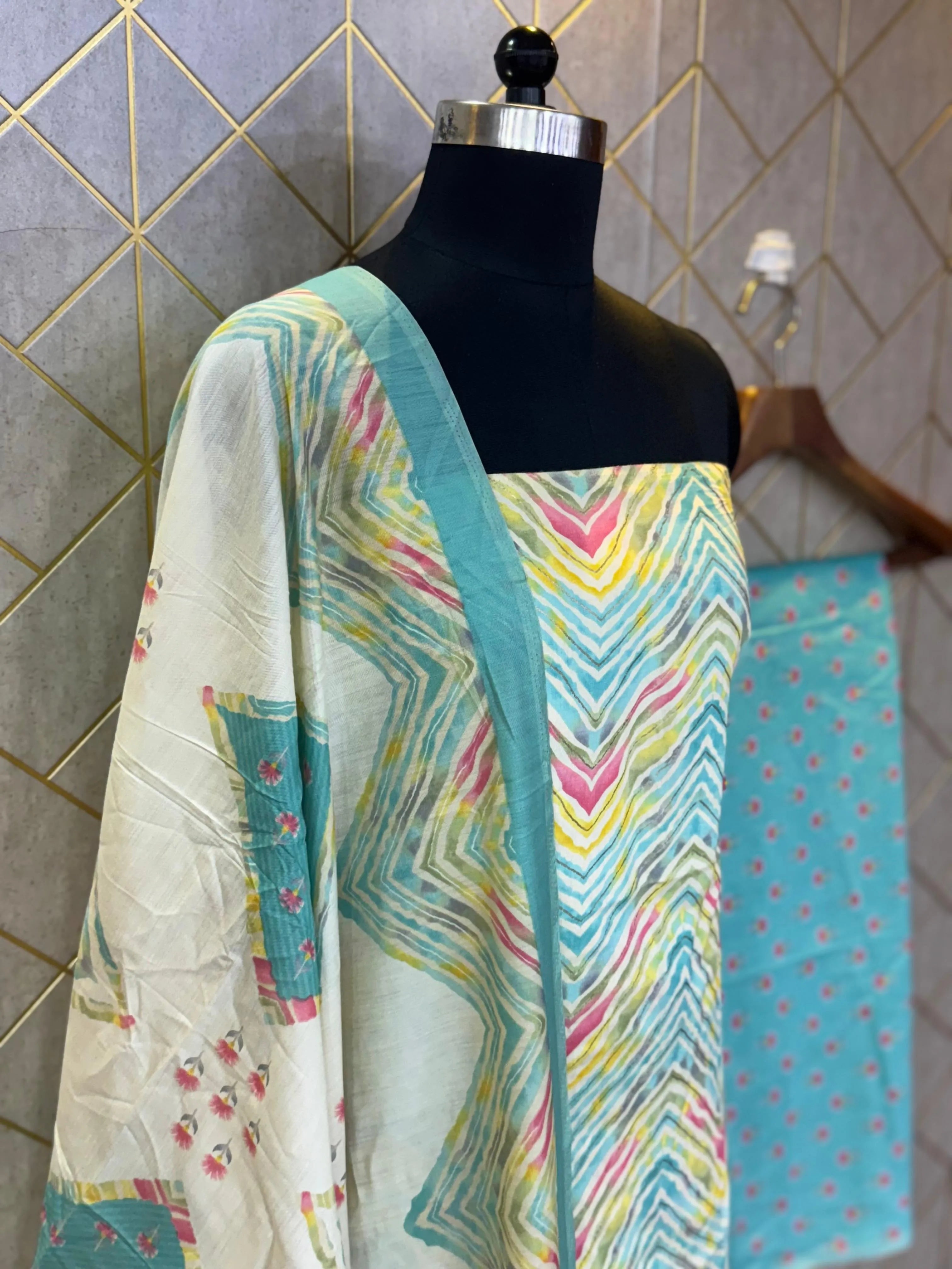 Unstitched Makhmali Cotton Salwar Suit 3-piece set with top, bottom, and dupatta in elegant design