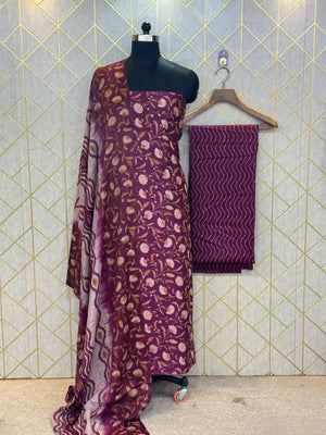 Unstitched Makhmali Cotton Salwar Suit 3-piece set with top, bottom, and dupatta in elegant design