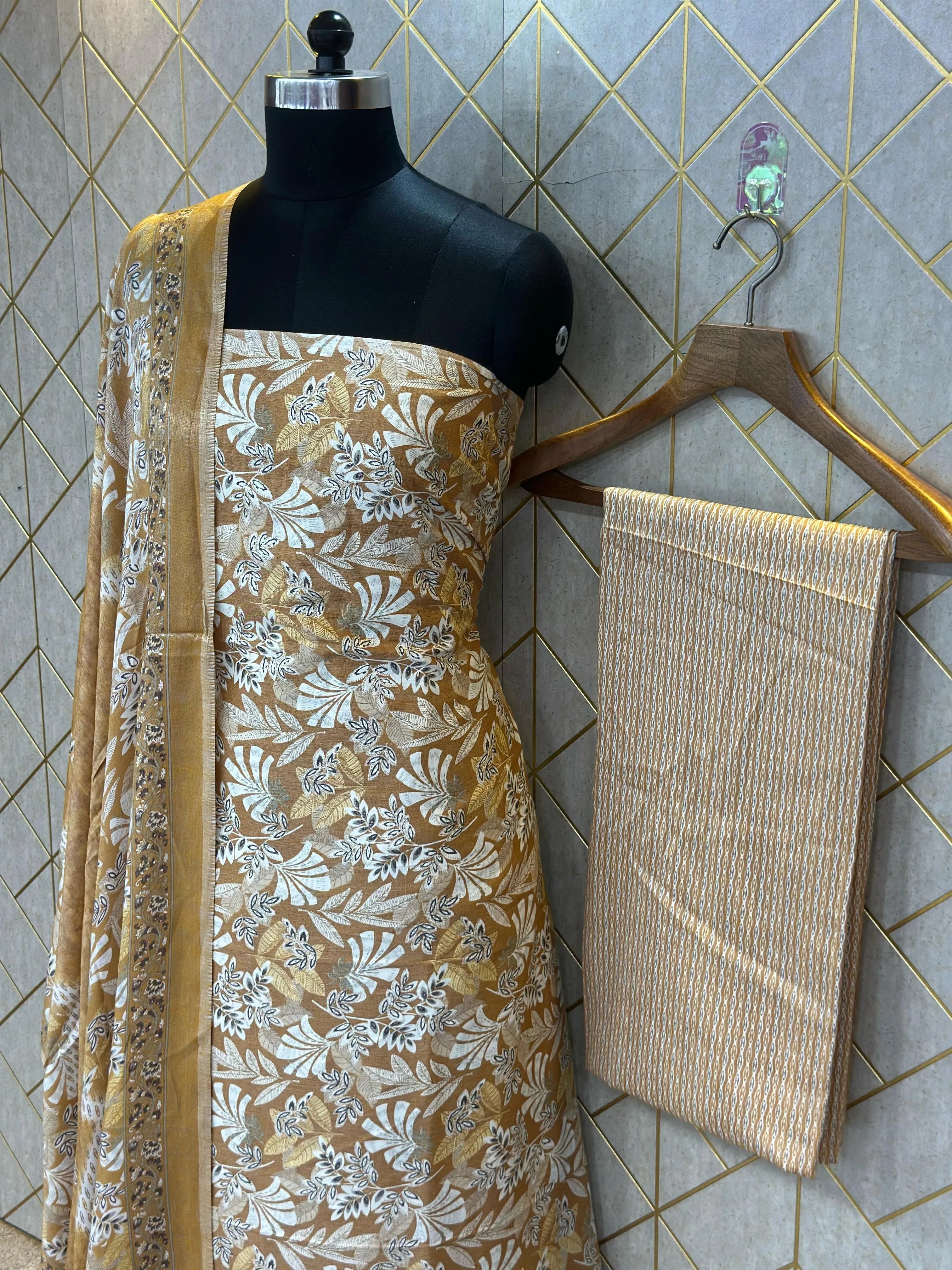 Unstitched Makhmali Cotton Salwar Suit 3-piece set with top, bottom, and dupatta in elegant design