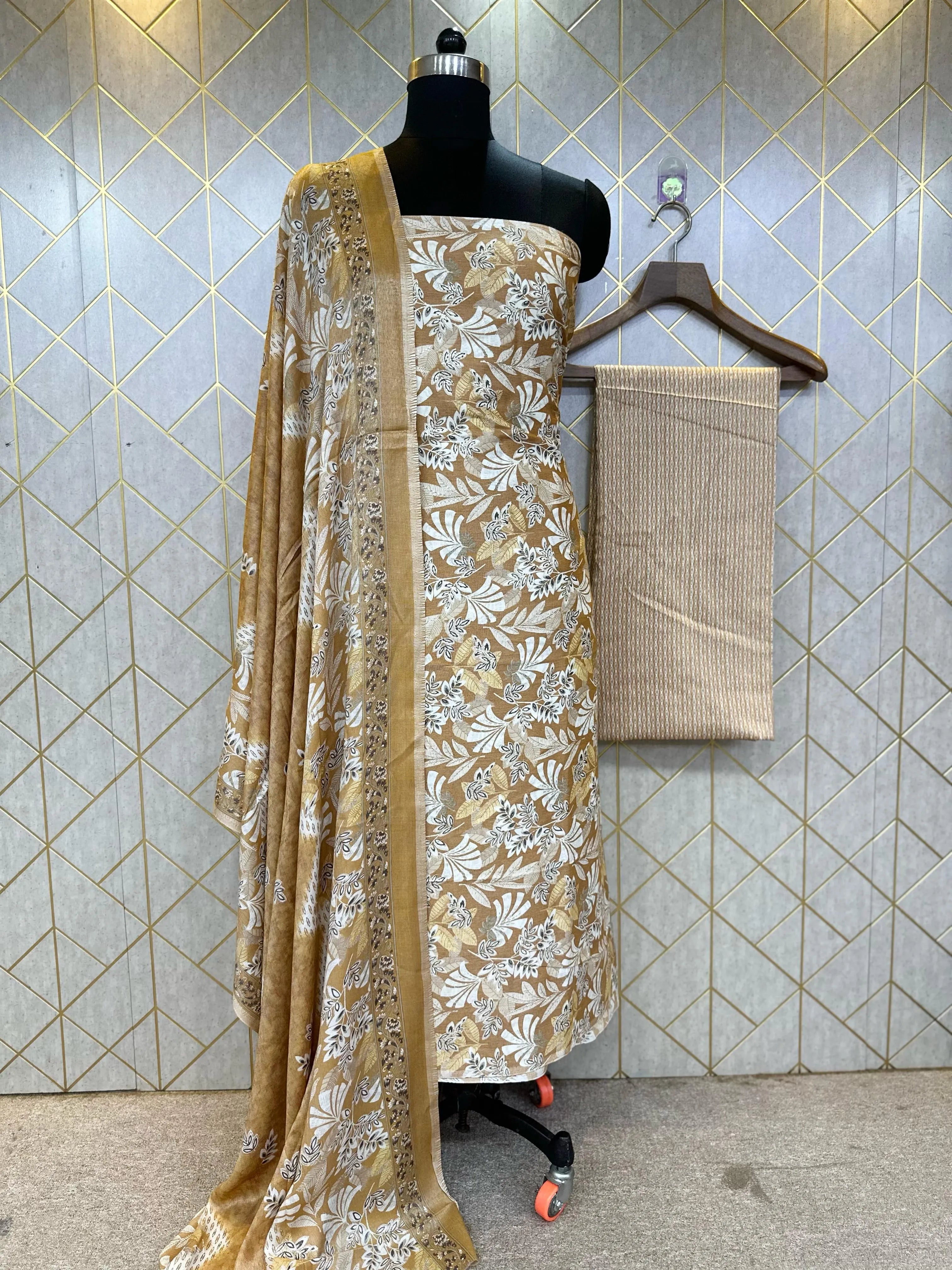 Unstitched Makhmali Cotton Salwar Suit 3-piece set with top, bottom, and dupatta in elegant design