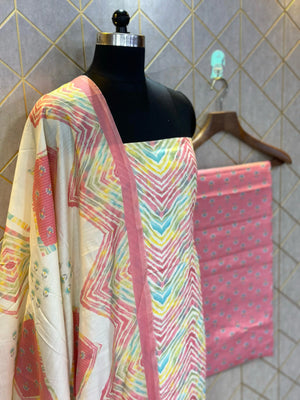 Unstitched Makhmali Cotton Salwar Suit 3-piece set with top, bottom, and dupatta in elegant design