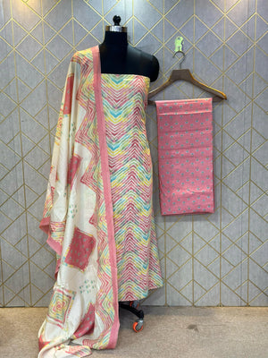 Unstitched Makhmali Cotton Salwar Suit 3-piece set with top, bottom, and dupatta in elegant design