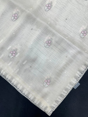 Woman wearing a sheer Organza Saree with elegant detailing and soft flow, perfect for festive events and stylish ethnic occasions.