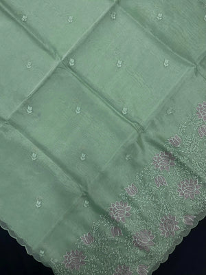 Woman wearing a sheer, lightweight Organza Saree with subtle shimmer – ideal for festive and elegant occasions.