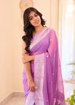 Banarasi Pure Khaddi Chiffon Saree-Self