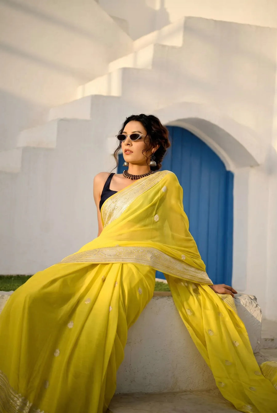Pure Banarasi Khaddi Chiffon Silk Saree with Self