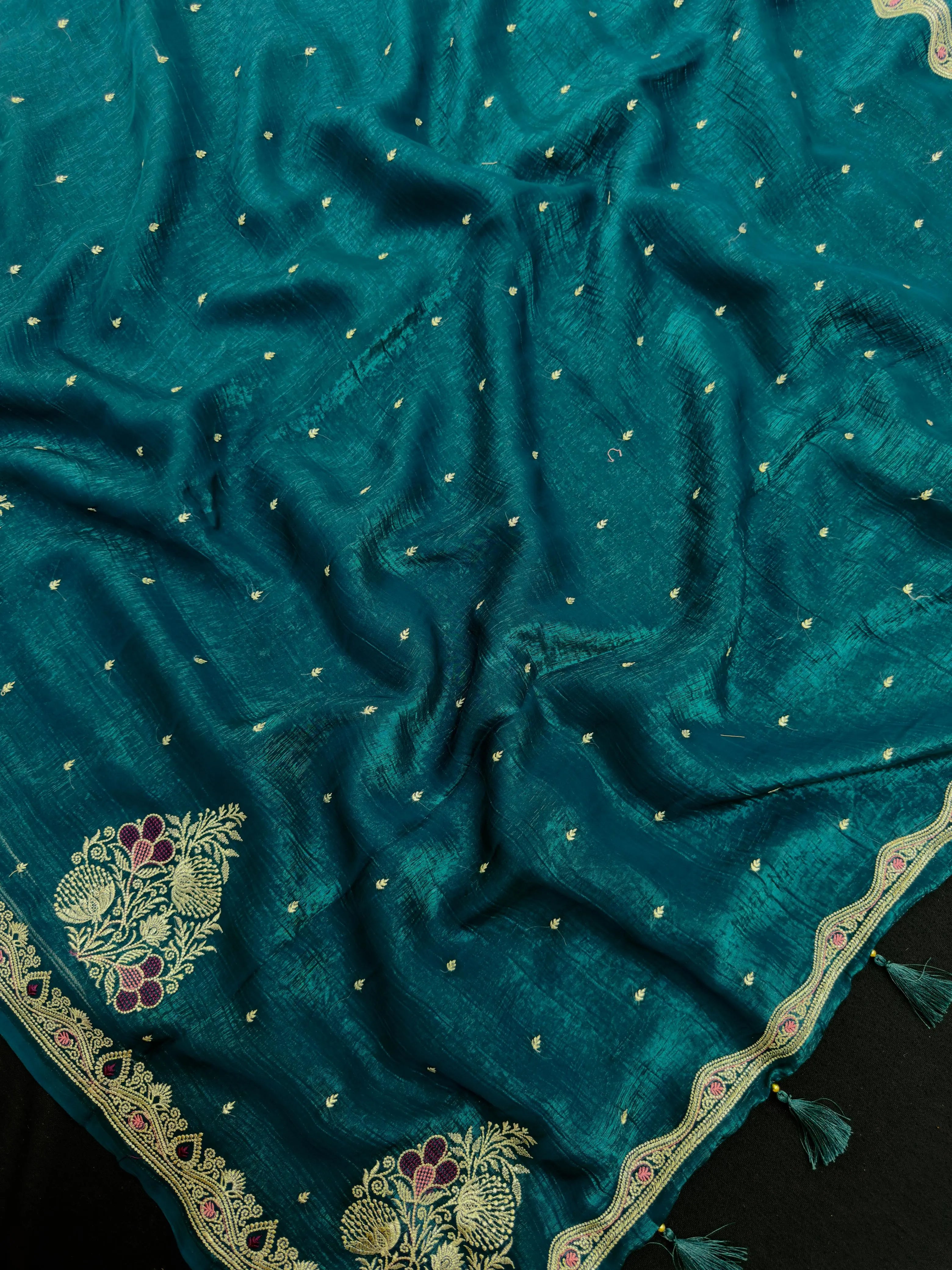 "Trendy Paper Silk Saree with intricate designs, perfect for chic party wear and fancy occasions. Lightweight fabric offering elegance and style."