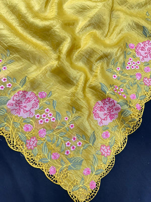 Woman wearing a Paper Silk Saree with crisp texture and elegant drape, ideal for office wear, casual events, and festive occasions.