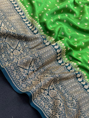 Pure Banarasi crepe silk saree with rich zari detailing and soft drape – ideal for festive and bridal occasions