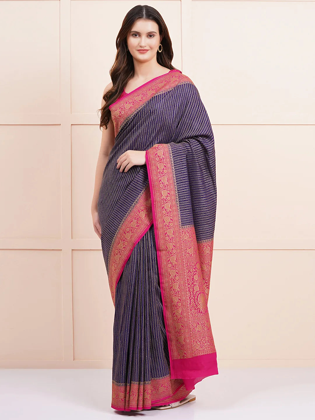 "Elegant pure Banarasi crepe silk saree with intricate designs, perfect for wedding wear and festive occasions, offering a luxurious feel and beautiful drape."